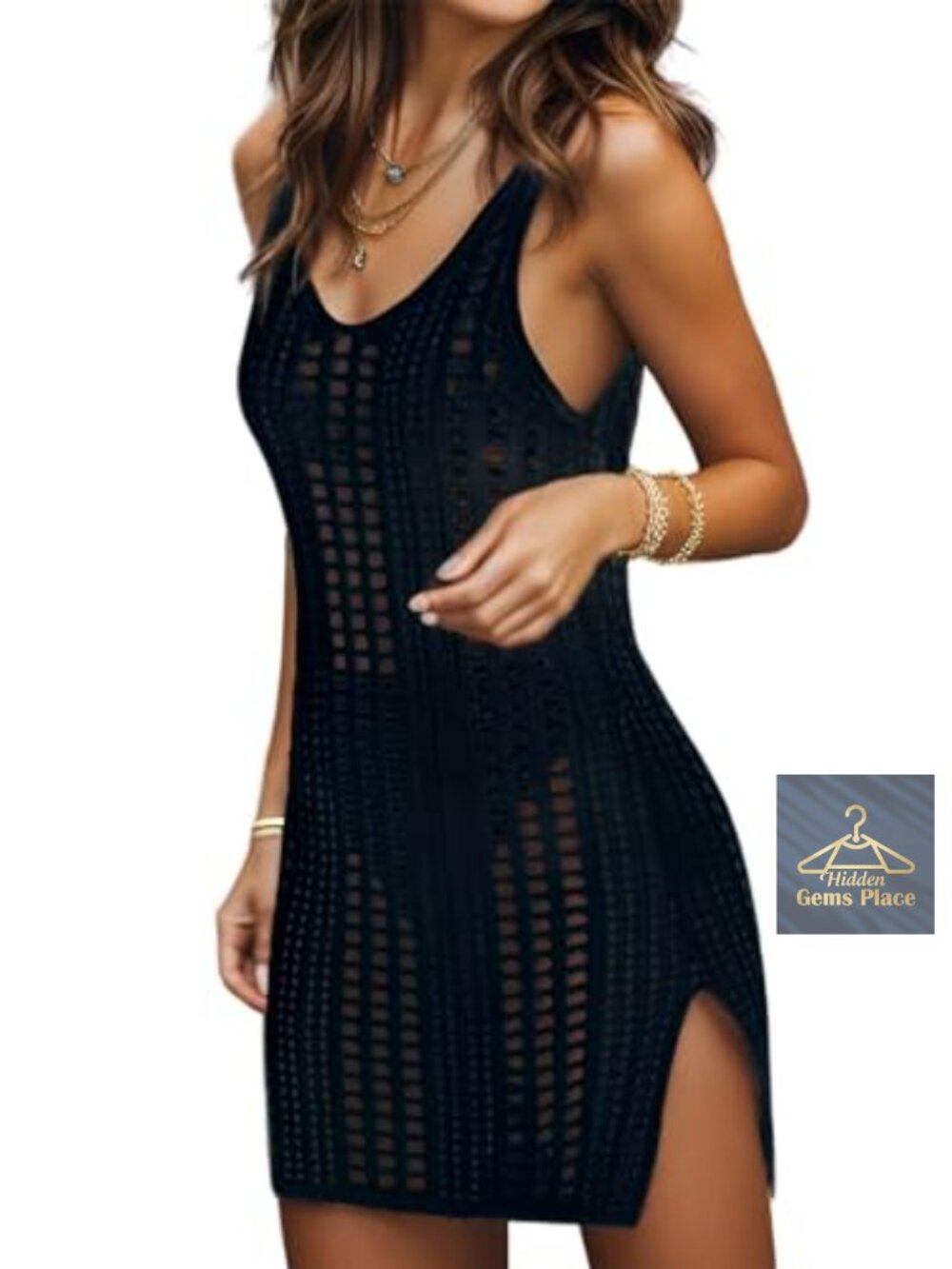 Crochet Swimsuit Coverup Women Beach Tank Dress Hollow Out Slit